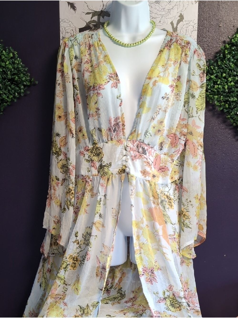 Kori Sheer Floral Duster/ Swim Coverup in Yellow & Pink - Picture 3 of 9